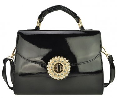 Black and Gold Patent Satchel Handbag with Diamante Twist Lock + FREE GIFT