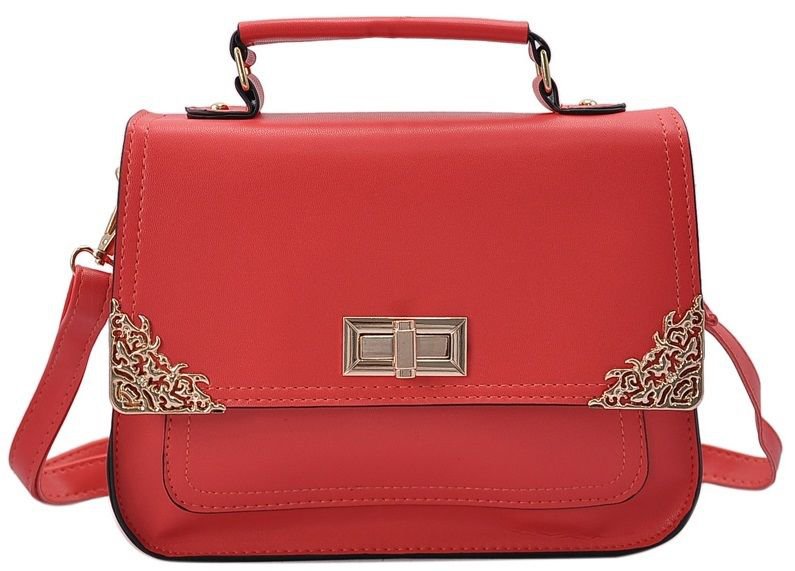 Designer Inspired Red Satchel Handbag with Metal Detail Embellishments