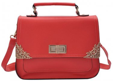 Designer Inspired Red Satchel Handbag with Metal Detail Embellishments