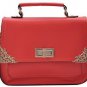 Designer Inspired Red Satchel Handbag with Metal Detail Embellishments