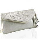 Designer Inspired Grey Laser Cut  Fold Over Clutch With Tassels Handbag