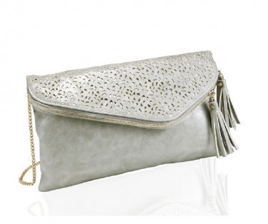 Designer Inspired Grey Laser Cut  Fold Over Clutch With Tassels Handbag