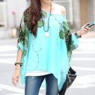 Stylish Women's Scoop Neck Batwing Sleeve Printed Loose-Fitting Chiffon Blouse