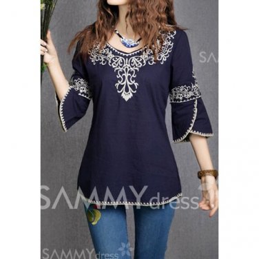 Ethnic Totem Pattern Embroidered Bordered Cotton Color Matching Blouse For Women