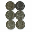U.S. 6 pcs. 1943-P Jefferson .35 percent Silver War Nickel (3-29-19)