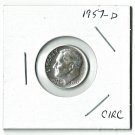 U.S. 1957-D Roosevelt Dime, Circulated, 90% Silver (4-1-19)