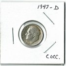 U.S. 1947-D Roosevelt Dime, Circulated, 90% Silver (4-1-19)