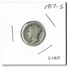 U.S. 1917-S Mercury Dime, Circulated, 90% Silver  (4-1-19)