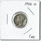 U.S. 1942-D Mercury Dime, Circulated, 90% Silver  (4-1-19)