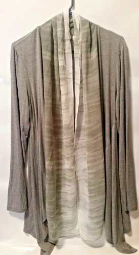 LOGO Lori Goldstein Long Open Front Drape Cardigan Chiffon Trim