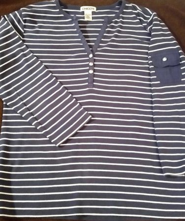 Chico's Women's Stripe half button Blue White blouse Size 1