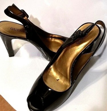 GUESS Women's Black Leather stiletto pumps Peep Toe High Heels Size 8.5 B