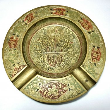 Antique Etched Floral Design Brass Round Ashtray 1930s by Sarna India m. 158