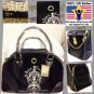 (6) cute juicy couture pet dog purse carrier black leather trimmed 9 lbs dog