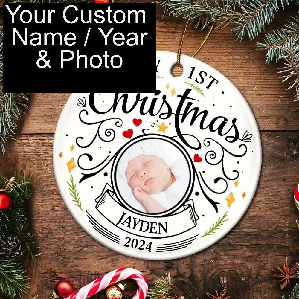 Personalized Customized Baby First Photo Christmas Circle Ceramic Ornament