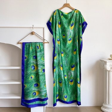 w8 Women Dubai Turkey Kaftan Muslim Loose Abaya African Big Scarf Maxi Flower Dress