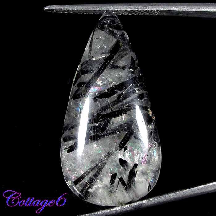 Certified NATURAL RUTILE QUARTZ BLACK NEEDLE PEAR SHAPE CABOCHON GEMSTONE C6-158