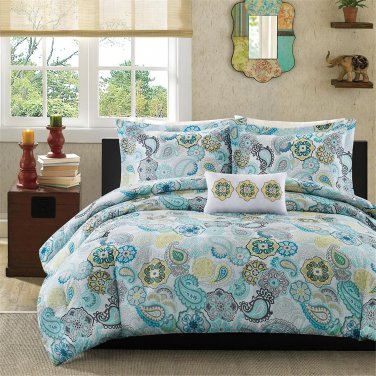 Queen 4 Piece Paisley Comforter Set Blue Flowers Floral Yellow