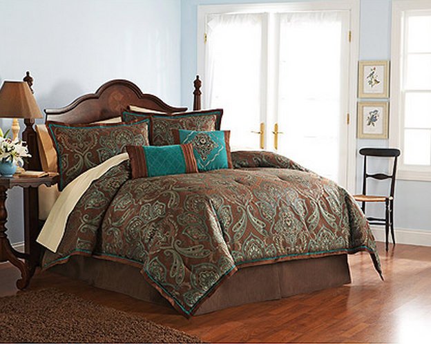 4 Pc Full Teal Brown Turquoise Blue Jacquard Paisley Comforter Set