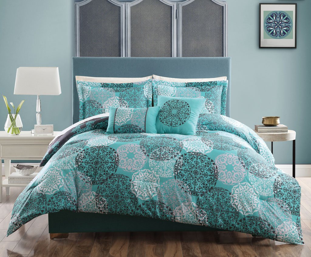 5pc Teal Blue Gray White QUEEN Comforter Circle Medallion Floral Boho