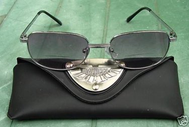 BIFOCAL READING SUNGLASSES GLASSES WITH CASE LARGE SILVER METAL FRAME +1.75