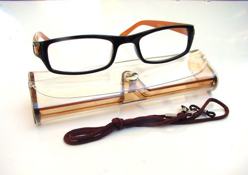 BLACK BROWN READING GLASSES WITH NECK CORD & CASE +2.5 D523
