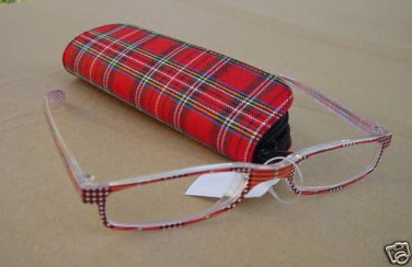 RED TARTAN CHECK READING GLASSES +3.0 PLUS CASE D507