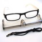 BLACK WHITE READING GLASSES WITH NECK CORD & CASE +2.0 D523
