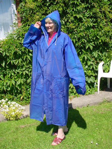 BLUE PVC VINYL (EVA) HOODED RAINCOAT MAC UNISEX REUSABLE FESTIVALS