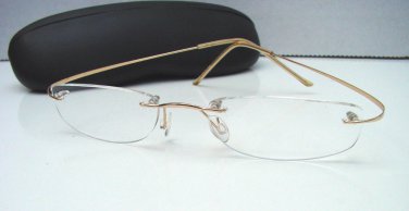 NEW RIMLESS READING GLASSES FLEXY SPRUNG ARMS GOLD FRAME & HARD CASE +1.00
