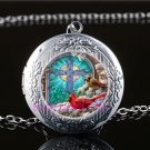 Cardinal Bird Cross Cabochon LOCKET Pendant Silver Chain Necklace USA Ship #173