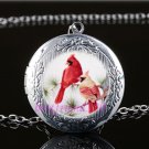 Red Cardinal Bird Cabochon LOCKET Pendant Silver Chain Necklace USA Ship #189