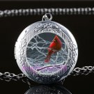 Cardinal Red Bird Cabochon LOCKET Pendant Silver Chain Necklace USA Ship #77