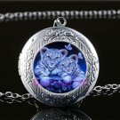 Tiger Cub Blue Cabochon LOCKET Pendant Silver Chain Necklace USA Ship #195 Tiger Cub Blue Cabochon LOCKET Pendant Silver Chain Necklace USA Ship #195