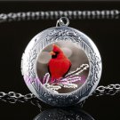 Red Cardinal Bird Cabochon LOCKET Pendant Silver Chain Necklace USA Ship #185