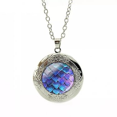 Blue Dragon Scale Cabochon LOCKET Pendant Silver Chain Necklace USA Ship #93