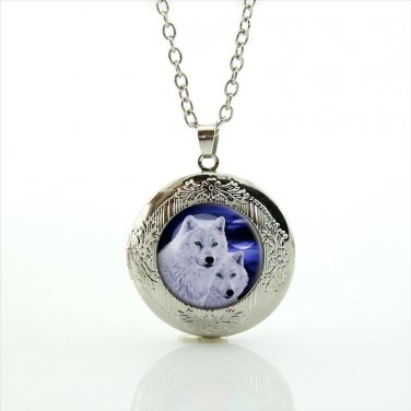 White Wolves Wolf Cabochon LOCKET Pendant Silver Chain Necklace USA Ship #36