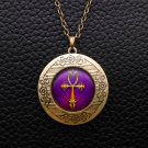 Purple Cross Cabochon LOCKET Pendant Bronze Chain Necklace USA Shipper #39
