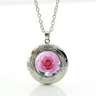Pink Flower Cabochon LOCKET Pendant Silver Chain Necklace USA Ship #111