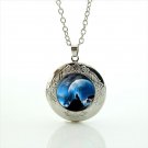 Silhouette Wolf Moon Cabochon LOCKET Pendant Silver Chain Necklace USA Ship #35