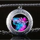 Blue & Pink Butterfly Cabochon LOCKET Pendant Silver Chain Necklace USA Ship #29