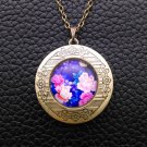 Pink Blue Flowers Cabochon LOCKET Pendant Bronze Chain Necklace USA Shipper #42