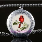 Red Cardinal Bird Cabochon LOCKET Pendant Silver Chain Necklace USA Ship #172