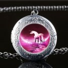 Pink Unicorn Moon Cabochon LOCKET Pendant Silver Chain Necklace USA Ship #116