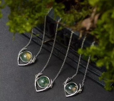 Unique Moss Agate Deer Antler Pendant Fashion Necklace