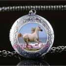 White Horse Beach Cabochon LOCKET Pendant Silver Chain Necklace USA Ship #110