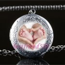 Baby Feet Heart Cabochon LOCKET Pendant Silver Chain Necklace USA Ship #82