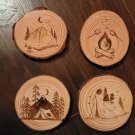 Camping Tent Smores Fire  Laser Engraved Wood 4pc Coaster Set Rustic Wood Slice