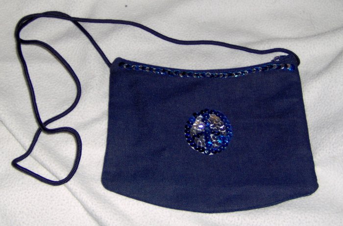 Hand embellished sequin zippered twill purse - blue and silver peace
