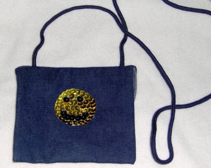 Hand embellished sequin twill purse - black and gold smiley face